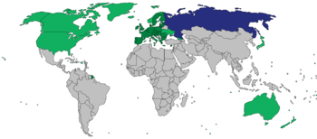Countries that have introduced sanctions on Russia (in blue) are represented in green.